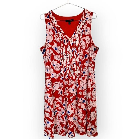 Banana Republic Dress Size‎ 14 Floral Pleated Sleeveless V Neck Red White Blue - Picture 2 of 13
